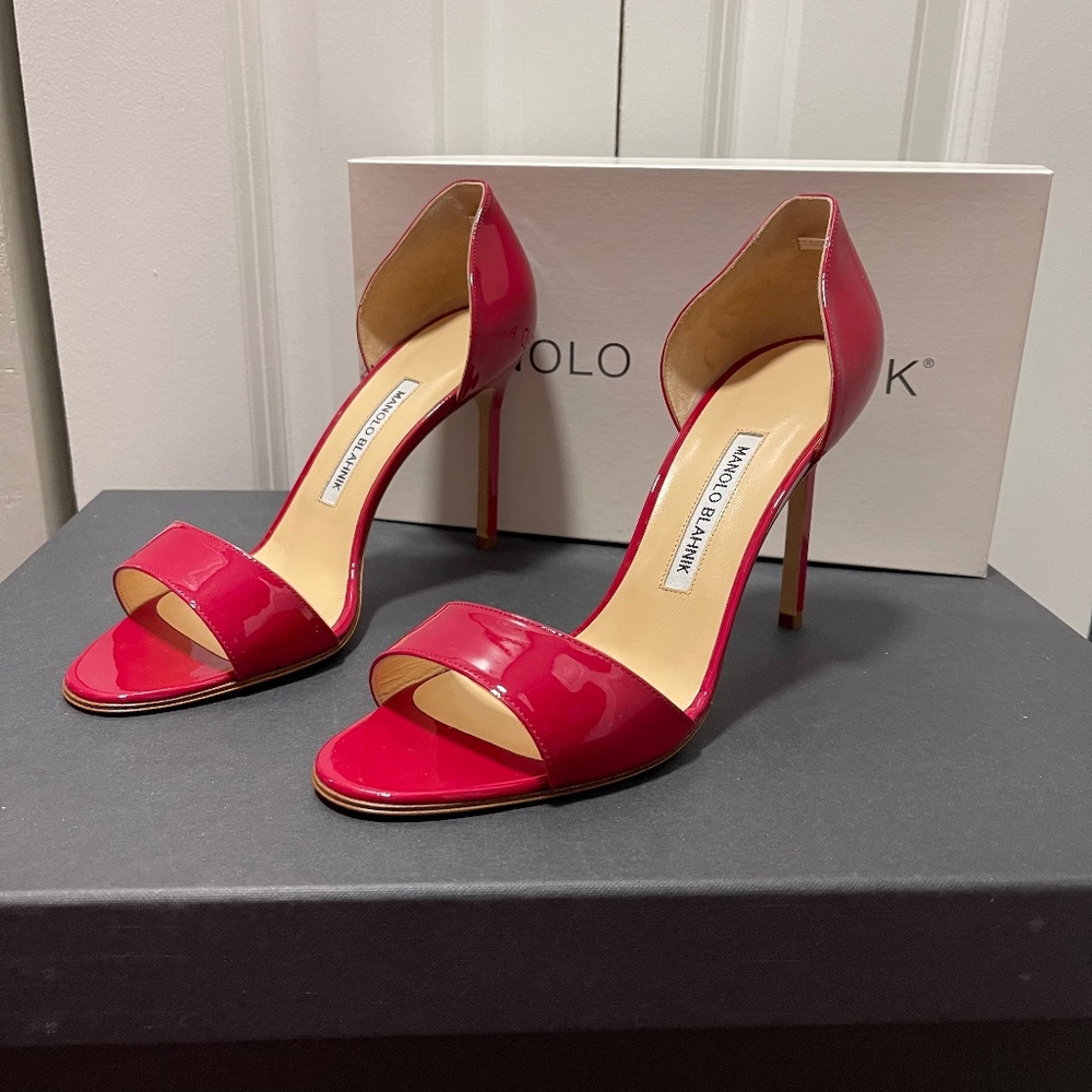 $695+NEW Manolo Blahnik Catalina Raspberry Patent Leather D'Orsay Pumps Sz 39.5